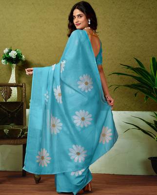 pre-stitched blue chanderi cotton screen printed casual and work saree 2