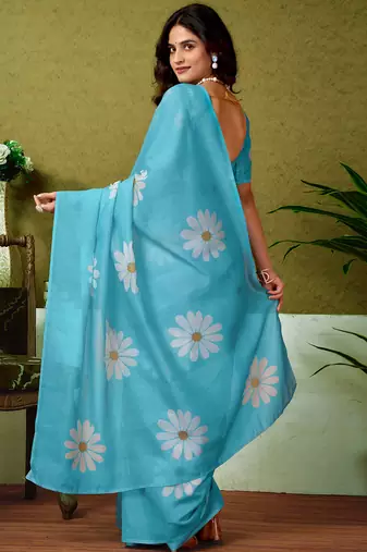 pre-stitched blue chanderi cotton screen printed casual and work saree