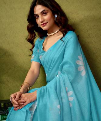 pre-stitched blue chanderi cotton screen printed casual and work saree 4