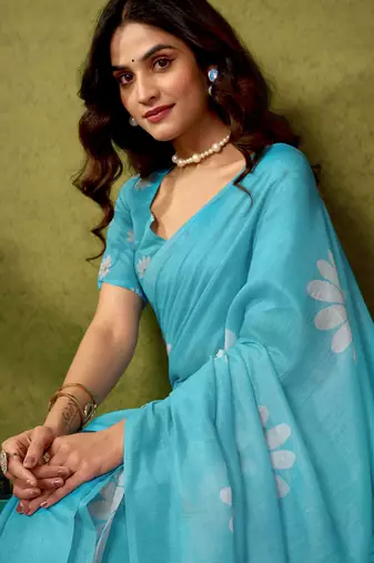 pre-stitched blue chanderi cotton screen printed casual and work saree