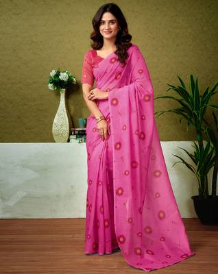 ready to wear pink chanderi cotton screen printed casual and work saree 1