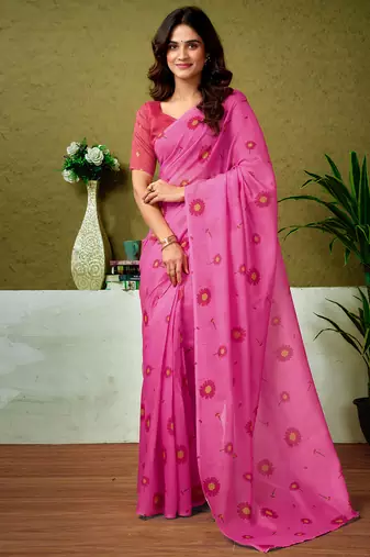 Pink chanderi cotton screen printed casual and work ready to wear saree with blouse