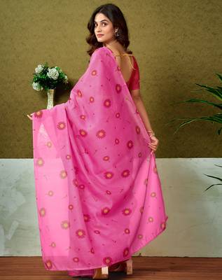 ready to wear pink chanderi cotton screen printed casual and work saree 2