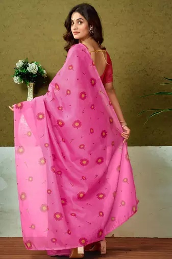 ready to wear pink chanderi cotton screen printed casual and work saree