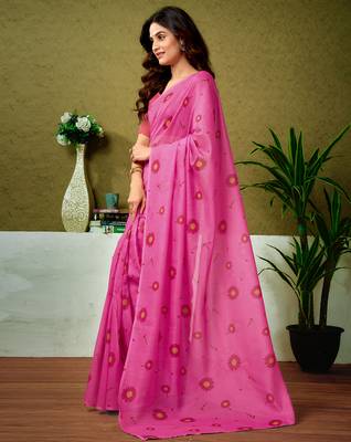 ready to wear pink chanderi cotton screen printed casual and work saree 3