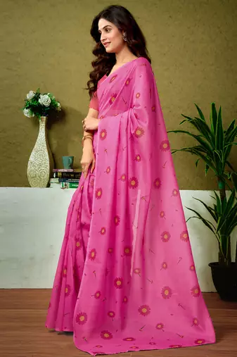 ready to wear pink chanderi cotton screen printed casual and work saree