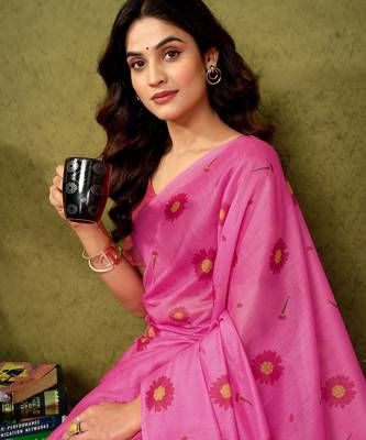 ready to wear pink chanderi cotton screen printed casual and work saree 4