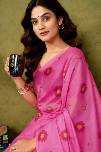 ready to wear pink chanderi cotton screen printed casual and work saree