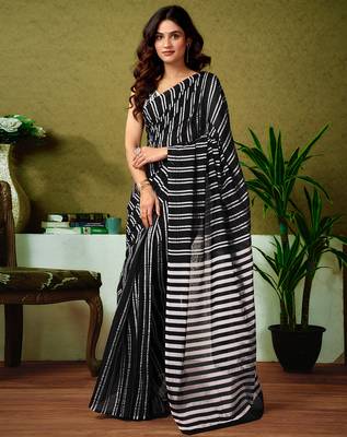pre draped black chanderi cotton screen printed casual and work saree 1
