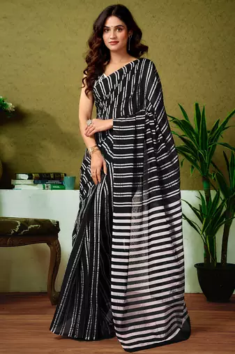 Black chanderi cotton screen printed casual and work ready to wear saree with blouse
