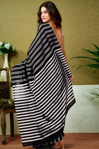 pre draped black chanderi cotton screen printed casual and work saree