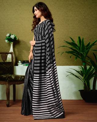 pre draped black chanderi cotton screen printed casual and work saree 3