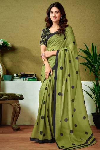 Green chanderi cotton screen printed casual and work ready to wear saree with blouse