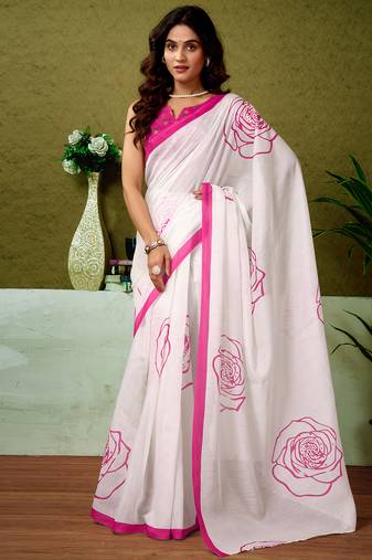 Off-white chanderi cotton screen printed casual and work ready to wear saree with blouse