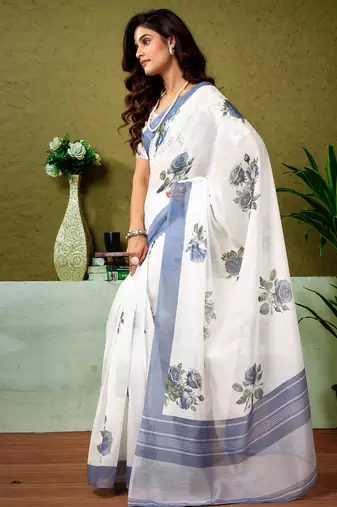 ready to wear white chanderi cotton screen printed casual and work saree