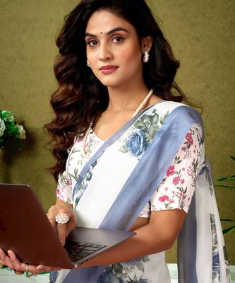 ready to wear white chanderi cotton screen printed casual and work saree 4