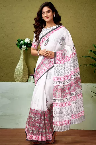 White chanderi cotton screen printed casual and work ready to wear saree with blouse