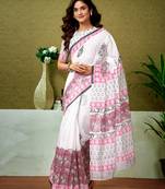 ready to wear white chanderi cotton screen printed casual and work saree with blouse
