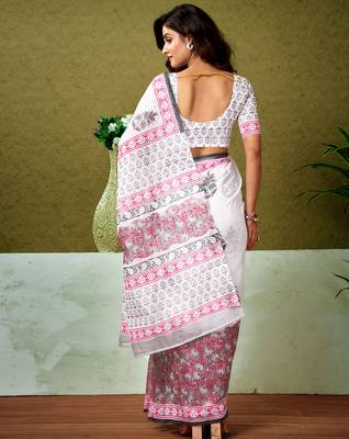 pre draped white chanderi cotton screen printed casual and work saree 2