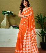 ready to wear orange chanderi cotton screen printed casual and work saree with blouse