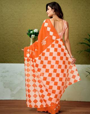 ready made orange chanderi cotton screen printed casual and work saree 2