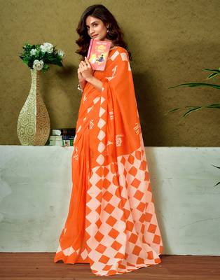ready made orange chanderi cotton screen printed casual and work saree 3