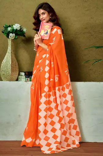 ready made orange chanderi cotton screen printed casual and work saree