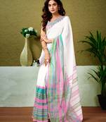 ready to wear white chanderi cotton screen printed casual and work saree with blouse