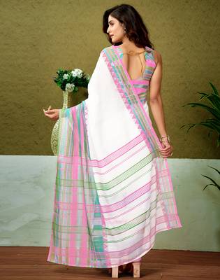 pre-stitched white chanderi cotton screen printed casual and work saree 2