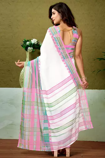 pre-stitched white chanderi cotton screen printed casual and work saree