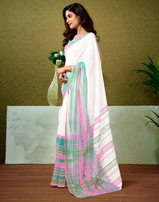 pre-stitched white chanderi cotton screen printed casual and work saree 3