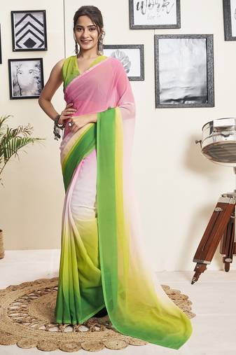 Green and pink georgette solid dyed casual ready to wear saree with blouse