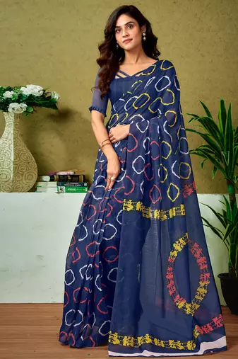 Blue chanderi cotton screen printed casual and work ready to wear saree with blouse