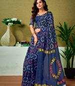 ready to wear blue chanderi cotton screen printed casual and work saree with blouse