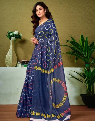 ready to wear blue chanderi cotton screen printed casual and work saree 3