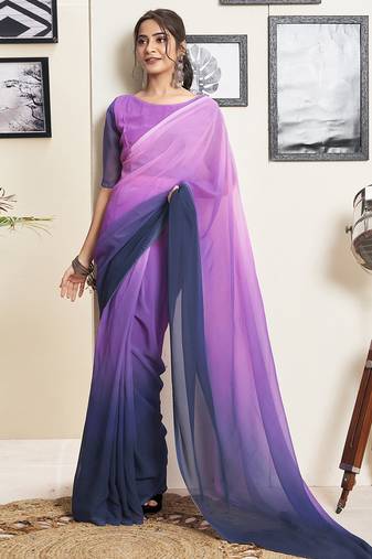 Blue and pink georgette solid dyed casual ready to wear saree with blouse