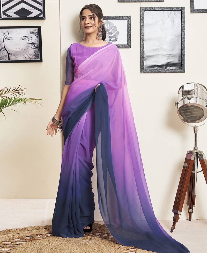 Blue and pink georgette solid dyed casual ready to wear saree with blouse