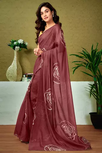 pre draped brown chanderi cotton screen printed casual and work saree