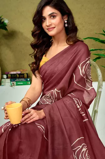 pre draped brown chanderi cotton screen printed casual and work saree