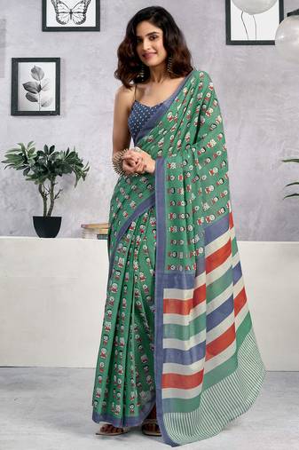 Green pure cotton screen printed casual, work and festival ready to wear saree with blouse