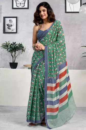 Green pure cotton screen printed casual, work and festival ready to wear saree with blouse
