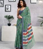 ready to wear green pure cotton screen printed casual, work and festival saree with blouse