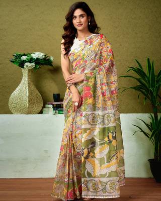 pre-stitched yellow and green chanderi cotton screen printed madhubani casual and work saree 1