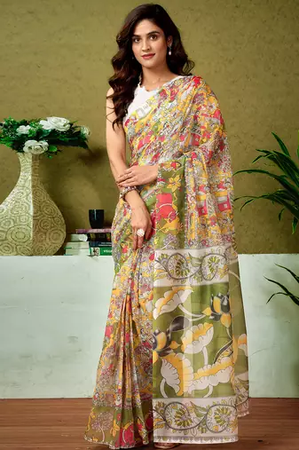 Yellow and green chanderi cotton screen printed madhubani casual and work ready to wear saree with blouse
