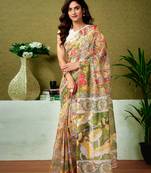 ready to wear yellow and green chanderi cotton screen printed madhubani casual and work saree with blouse