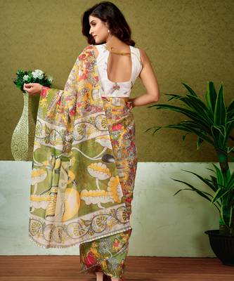 pre-stitched yellow and green chanderi cotton screen printed madhubani casual and work saree 2