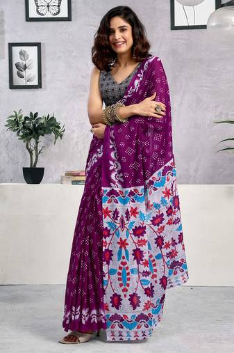 Purple pure cotton screen printed casual, work and festival ready to wear saree with blouse