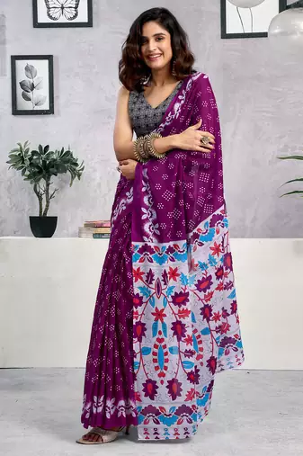 Purple pure cotton screen printed casual, work and festival ready to wear saree with blouse