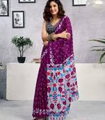 ready to wear purple pure cotton screen printed casual, work and festival saree with blouse