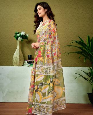 pre-stitched yellow and green chanderi cotton screen printed madhubani casual and work saree 3